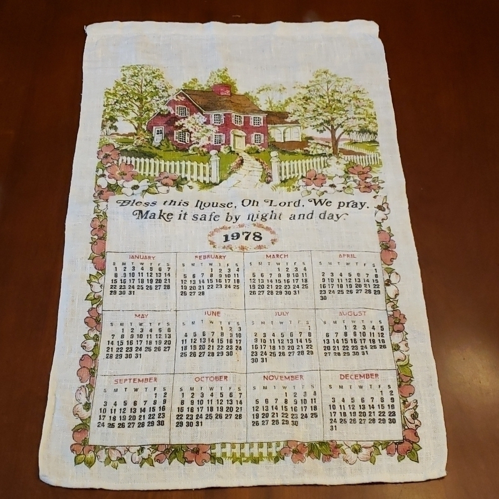 Vintage 78 linen Calendar Tea Towel bless this House Prayer Greens and Pinks